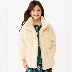 NWT Scoop Girls Faux Fur Cream Full Zip Cinched Waist Jacket, Size L (10/12)